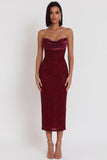 Glitter Espartilho Borgonha Bodycon Cowl Vestido de cocktail Midi sem alças de cetim