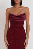 Glitter Espartilho Borgonha Bodycon Cowl Vestido de cocktail Midi sem alças de cetim