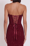 Glitter Espartilho Borgonha Bodycon Cowl Vestido de cocktail Midi sem alças de cetim
