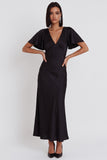 Vestido cocktail Midi de sereia de cetim preto com decote em V, mangas esvoaçantes