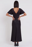 Vestido cocktail Midi de sereia de cetim preto com decote em V, mangas esvoaçantes
