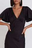 Vestido cocktail Midi de sereia de cetim preto com decote em V, mangas esvoaçantes