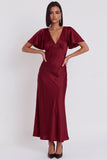 Vestido cocktail Midi de sereia de cetim preto com decote em V, mangas esvoaçantes