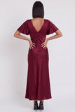 Vestido cocktail Midi de sereia de cetim preto com decote em V, mangas esvoaçantes