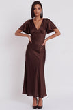 Vestido cocktail Midi de sereia de cetim preto com decote em V, mangas esvoaçantes