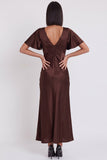 Vestido cocktail Midi de sereia de cetim preto com decote em V, mangas esvoaçantes