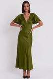 Vestido cocktail Midi de sereia de cetim preto com decote em V, mangas esvoaçantes