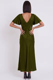 Vestido cocktail Midi de sereia de cetim preto com decote em V, mangas esvoaçantes