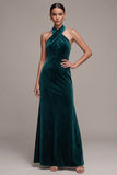 Vestido de veludo Maxi com capçaleira em forma de pavão