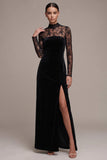Vestido de veludo Maxi de mangas compridas, decote alto e decote alto, decote alto e mangas longas, com fenda