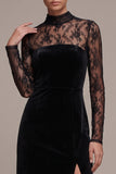 Vestido de veludo Maxi de mangas compridas, decote alto e decote alto, decote alto e mangas longas, com fenda