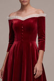 Vestido de veludo midi de veludo 3/4 de mangas com folhos em linha A e bordô