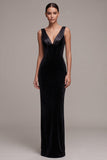 Vestido Maxi de Veludo Preto de Veludo em V-Neck