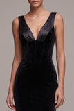 Vestido Maxi de Veludo Preto de Veludo em V-Neck