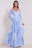 Vestido A-Line de Manga em V, decote em V, mangas compridas, chiffon sálvia com folhos