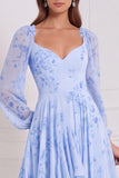 Vestido A-Line de Manga em V, decote em V, mangas compridas, chiffon sálvia com folhos