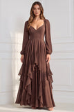Vestido A-Line de Manga em V, decote em V, mangas compridas, chiffon sálvia com folhos