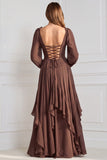 Vestido A-Line de Manga em V, decote em V, mangas compridas, chiffon sálvia com folhos