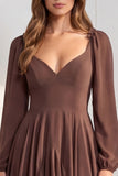 Vestido A-Line de Manga em V, decote em V, mangas compridas, chiffon sálvia com folhos