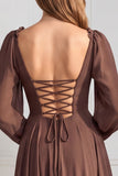 Vestido A-Line de Manga em V, decote em V, mangas compridas, chiffon sálvia com folhos