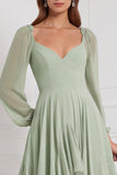 Vestido A-Line de Manga em V, decote em V, mangas compridas, chiffon sálvia com folhos