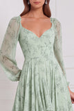 Vestido A-Line de Manga em V, decote em V, mangas compridas, chiffon sálvia com folhos