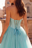 Vestido longo de baile de finalista em cetim em cetim sem alças com Pérolas de Espartilho Mint