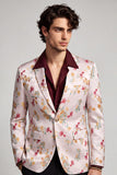 Blazer de baile masculino branco rosado com lapela floral, um botão