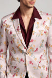 Blazer de baile masculino branco rosado com lapela floral, um botão