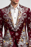 Blazer de finalista masculino de um botão com lapela bordô estampado de Natal