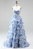 Vestido de baile de finalista azul A-Line com estampado em camadas, folhos e franzados, vestido longo de baile sem alças