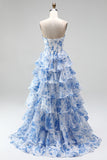Vestido de baile de finalista azul A-Line com estampado em camadas, folhos e franzados, vestido longo de baile sem alças