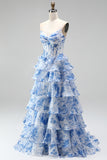 Vestido de baile de finalista azul A-Line com estampado em camadas, folhos e franzados, vestido longo de baile sem alças