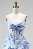Vestido de baile de finalista azul A-Line com estampado em camadas, folhos e franzados, vestido longo de baile sem alças