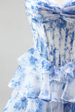 Vestido de baile de finalista azul A-Line com estampado em camadas, folhos e franzados, vestido longo de baile sem alças