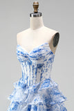Vestido de baile de finalista azul A-Line com estampado em camadas, folhos e franzados, vestido longo de baile sem alças