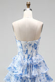 Vestido de baile de finalista azul A-Line com estampado em camadas, folhos e franzados, vestido longo de baile sem alças