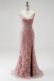 Vestido de baile de finalistas com decote em V em rosa poeirento, lantejoulas