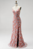 Vestido de baile de finalistas com decote em V em rosa poeirento, lantejoulas