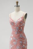 Vestido de baile de finalistas com decote em V em rosa poeirento, lantejoulas