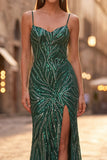 Vestido de baile de finalistas verde escuro com lantejoulas verde-escuras brilhantes com alças finas