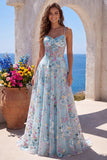 Espartilho azul A-Line Bordado Floral Transparente, Vestido de Baile Longo