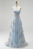 Espartilho azul A-Line Bordado Floral Transparente, Vestido de Baile Longo
