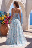 Espartilho azul A-Line Bordado Floral Transparente, Vestido de Baile Longo