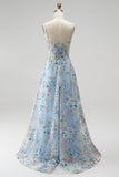 Espartilho azul A-Line Bordado Floral Transparente, Vestido de Baile Longo