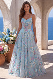 Espartilho azul A-Line Bordado Floral Transparente, Vestido de Baile Longo