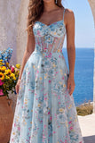 Espartilho azul A-Line Bordado Floral Transparente, Vestido de Baile Longo