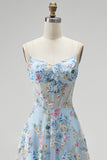 Espartilho azul A-Line Bordado Floral Transparente, Vestido de Baile Longo