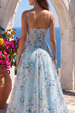 Espartilho azul A-Line Bordado Floral Transparente, Vestido de Baile Longo
