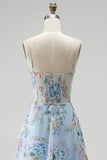 Espartilho azul A-Line Bordado Floral Transparente, Vestido de Baile Longo